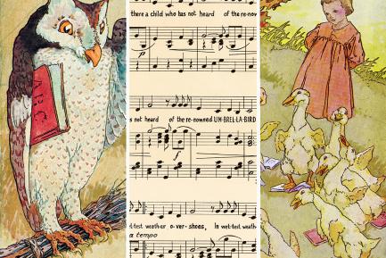 Three illustrations side-by-side showing an owl holding an "ABC's" book, an excerpt from sheet music, and a small child surrounded by ducks on a grassy lawn. All images were taken from children's poetry books that are available at Western Libraries.