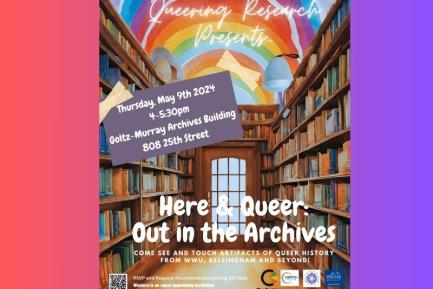 Rainbow with text "Queering Research Presents Here & Queer: Out in the Archives' May 9, 2024