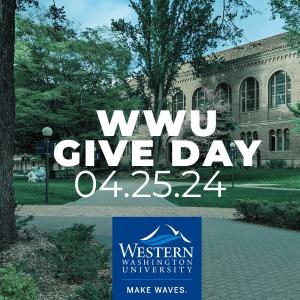 View of path leading to the Wilson building of Western Libraries with the words "WWU Give Day 4-25-24" overlaid on top.