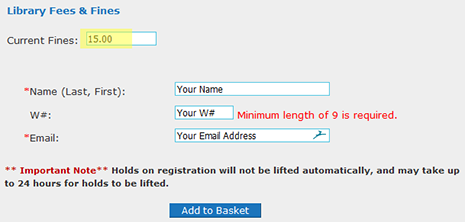 ​​​​​​Cashnet form with fields for Current Fees, Name (Last, First), W#, and Email