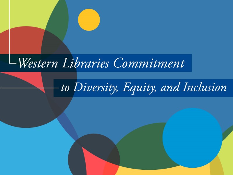 Intersecting colored circles, red, yellow, green and blue overlaid with the words: Western Libraries Commitment to Diversity, Equity, and Inclusion