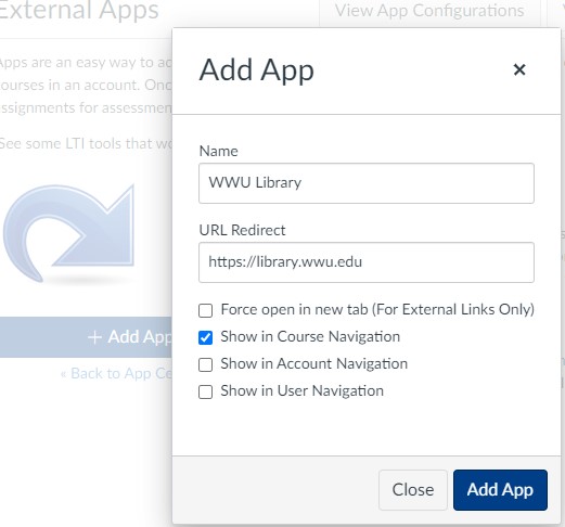Screenshot showing the Add App Properties, including the URL box and checkboxes to show in course navigation.