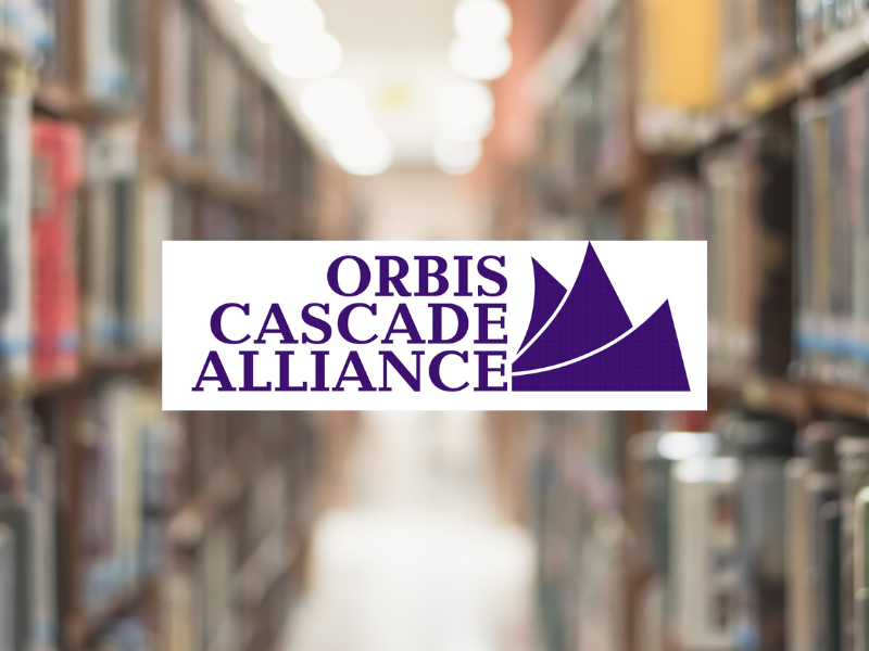 Blurred bookstacks in the background behind a logo banner that says "Orbis Cascade Alliance" in purple lettering.