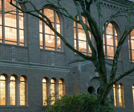 Wilson Library in the evening, light shining through the windows