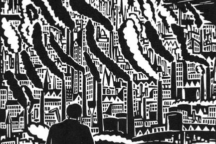 block print of a man standing in flowers looking out a city full of pollution
