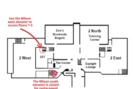 Second Floor Wilson Map. Wilson south elevator is closed for replacement. Use Wilson west elevator for floors 1-5.