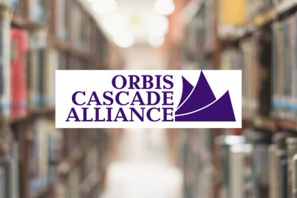 Blurred bookstacks in the background behind a logo banner that says "Orbis Cascade Alliance" in purple lettering.