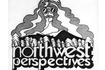 Black-and-white drawing of a face with sunglasses and long wavy hair that looks like clouds over a row of mountains and trees and the words "northwest perspectives."