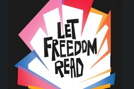 Colorful graphic of an open book with the words: "Let Freedom Read" overlaid on the book pages.