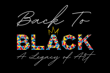Back to Black: The word Black has a gold scribble above the A representing a crown while the letters are formed with bold graphic yellow, red, blue and black triangles.