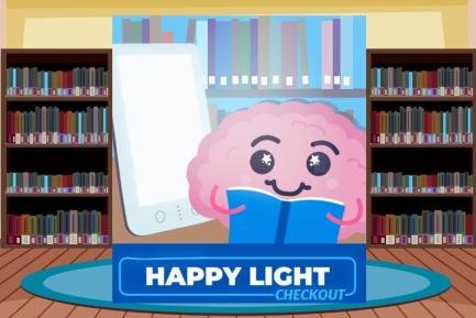 A smiling cartoon brain holding a book and sitting near a portable happy light surrounded by books.