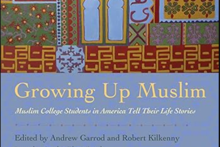 Colorful tapestry with title, "Growing Up Muslim"; book jacket