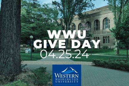 View of path leading to the Wilson building of Western Libraries with the words "WWU Give Day 4-25-24" overlaid on top.