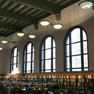 Tall windows and bookshelves in the Wilson Library Reading Room
