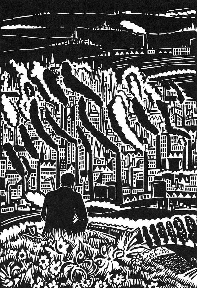 block print of a man standing in flowers looking out a city full of pollution