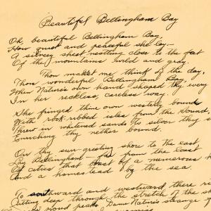 Manuscript of poem "Beautiful Bellingham Bay" by Guy Allison.