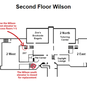 Second Floor Wilson Map. Wilson south elevator is closed for replacement. Use Wilson west elevator for floors 1-5.