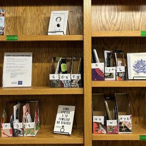 Bookshelves with various zines featured.